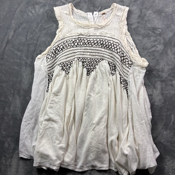 Free People Tops - Free People Sea Breeze Smocked Ivory Cotton Tunic Top Embroidered Small